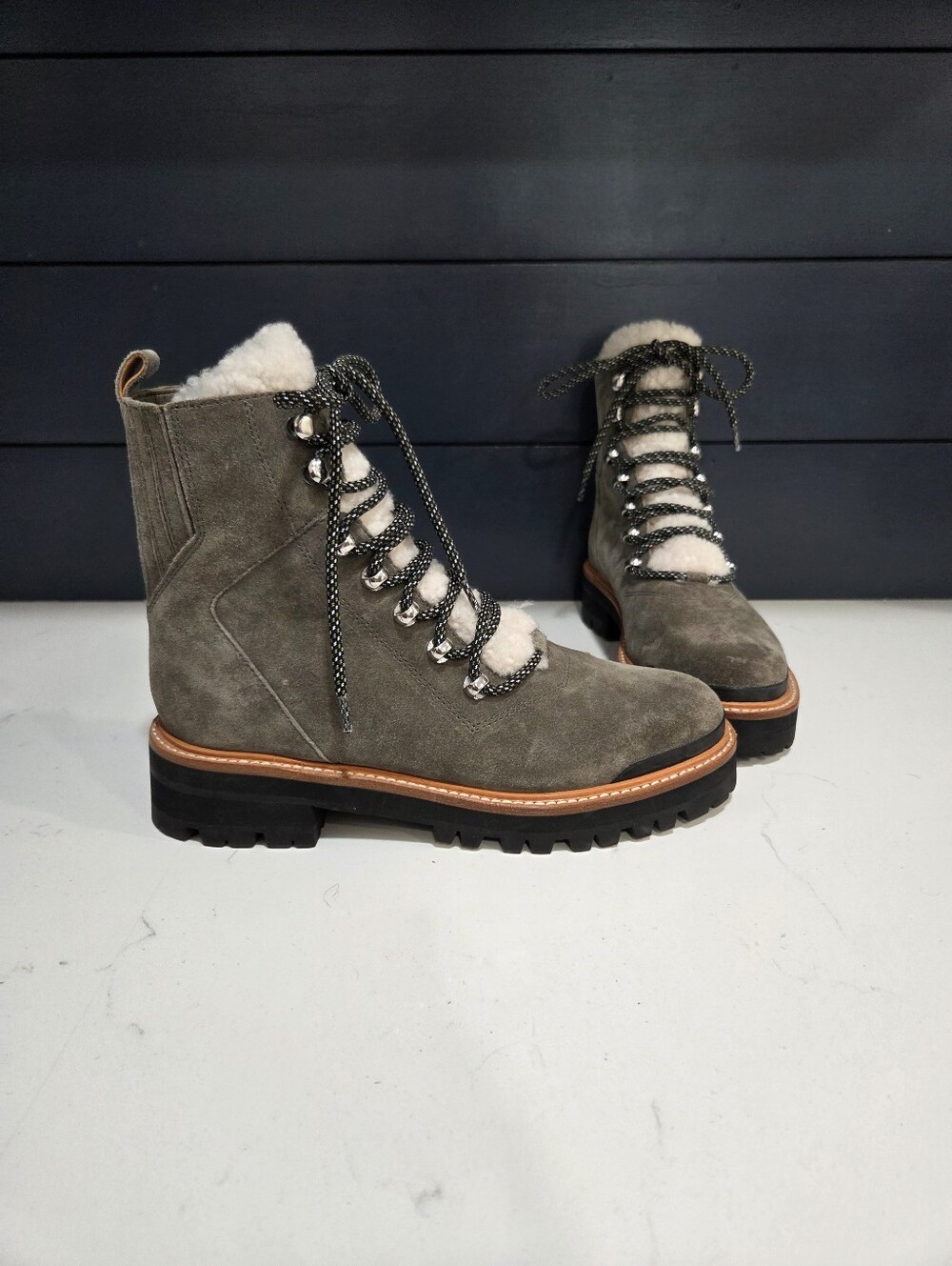 Marc Fisher Lizzie Suede Shearling-Lined Lace-Up Ankle Boots - Gray Size 8
